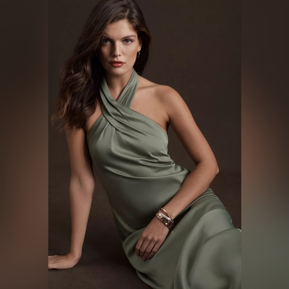 BHLDN Ruby Twist Halter Satin Gown size 2 in Moss